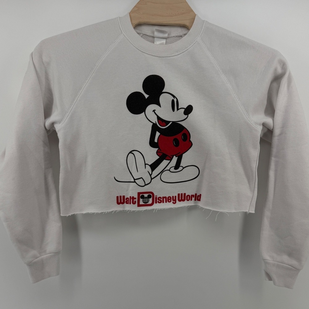 Disney Mickey Mouse Sweatshirt Womens S White Walt Disney World Cropped Raw Hem
